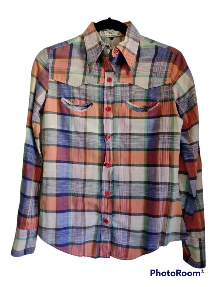 Vintage Gentleman John Button Front Shirt 60's Women's Size XS/Sm Plaid RARE