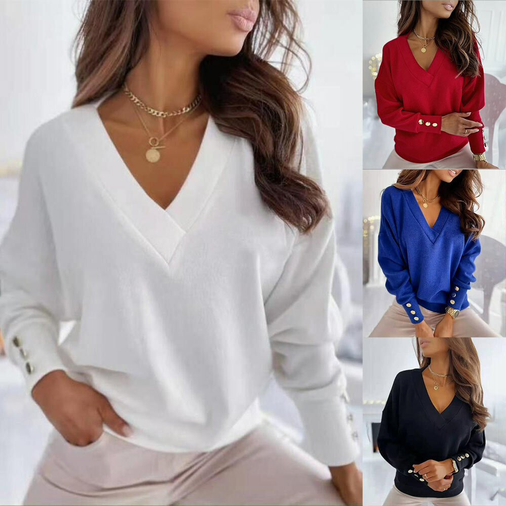 Womens V-neck Solid Long Sleeve Pullover Blouse Ladies Casual Loose T-shirt Tops