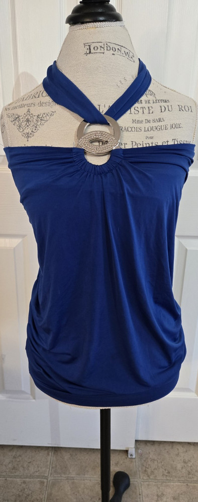 Wet Seal Blue Halter Ring Rhinestone Tie Back Chiffon Polyester Top L