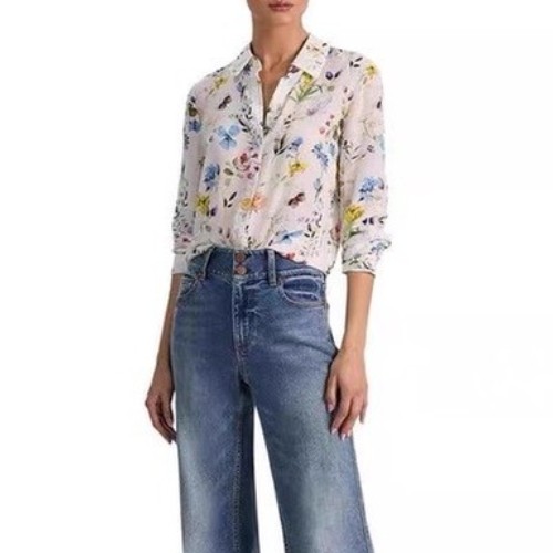 Women Alice + Olivia Silk Collared Floral Blouse Top