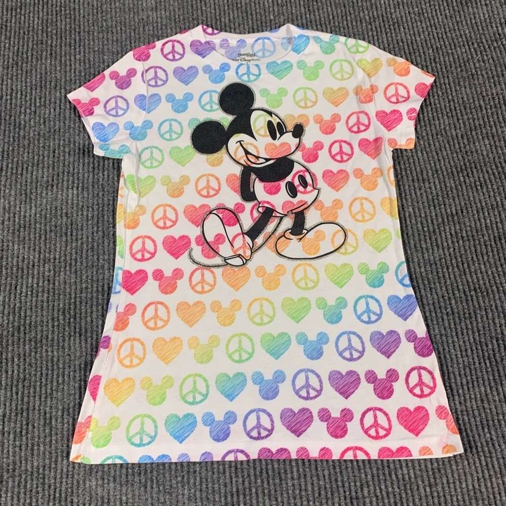 Disney T Shirt Girls Lqarge White Peace Love  Mickey Mouse AOP Disneyland Resort