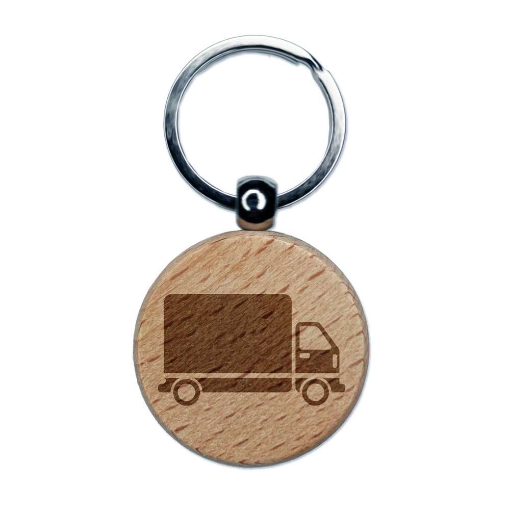 Delivery Truck Vehicle Icon Engraved Wood Round Keychain Tag Charm
