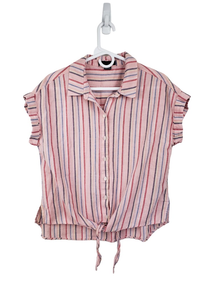 Sanctuary Linen Blend Striped Button Up Top Tie Front Relaxed Fit Large