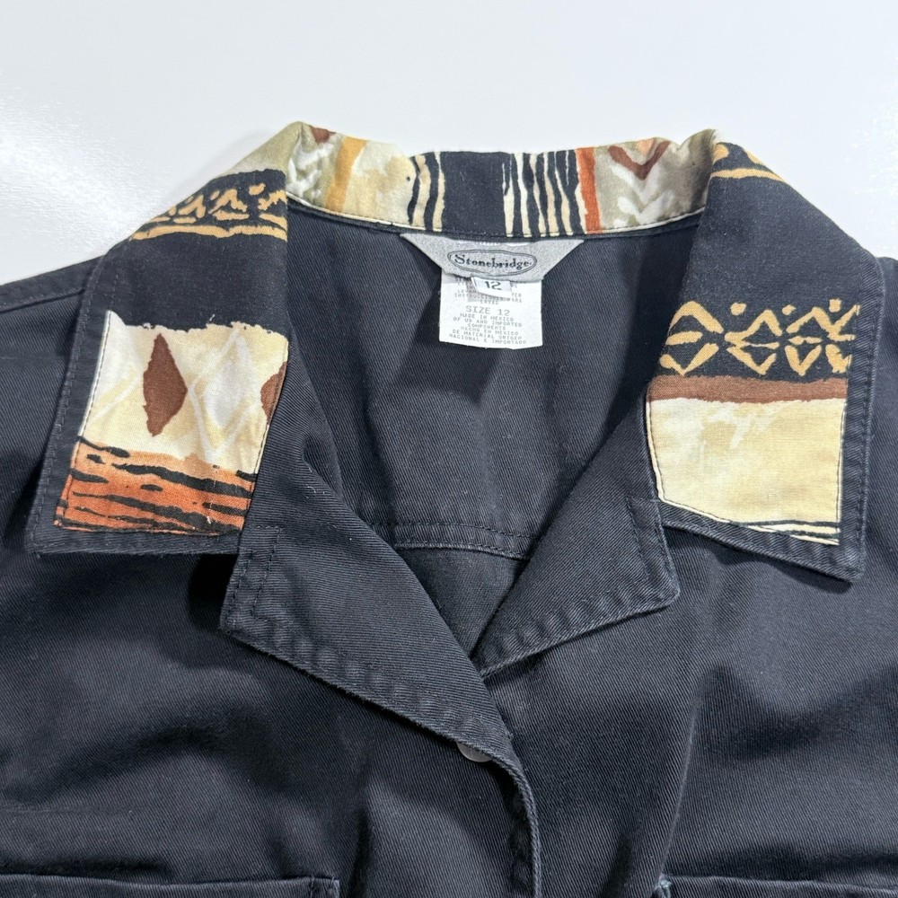 Vintage Western-Style Black Crop Button-Up short Sleeve Blouse Tribal Collar