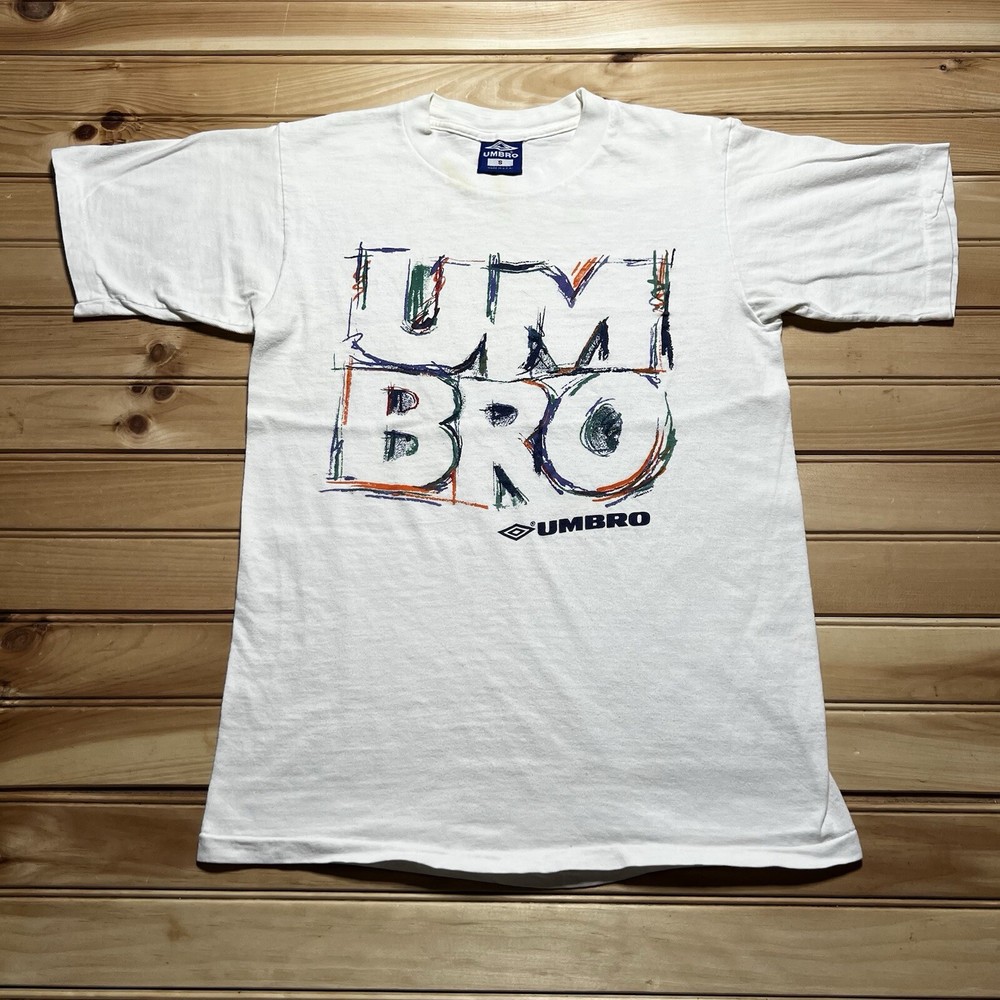 Vintage 90s Umbro Soccer Double Sided Abstract Art Sketch Logo Shirt Size Small