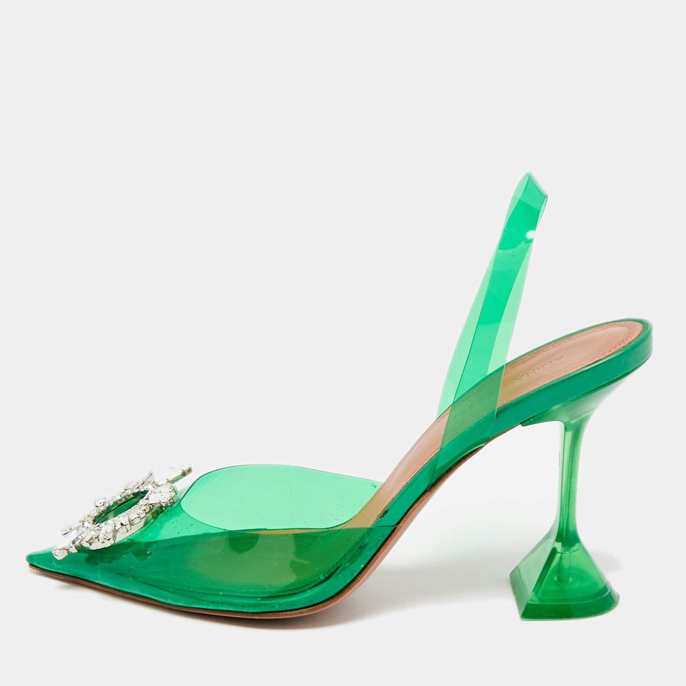 Amina Muaddi Green PVC Begum CrystalEmbellished Slingback Pumps Size 38.5