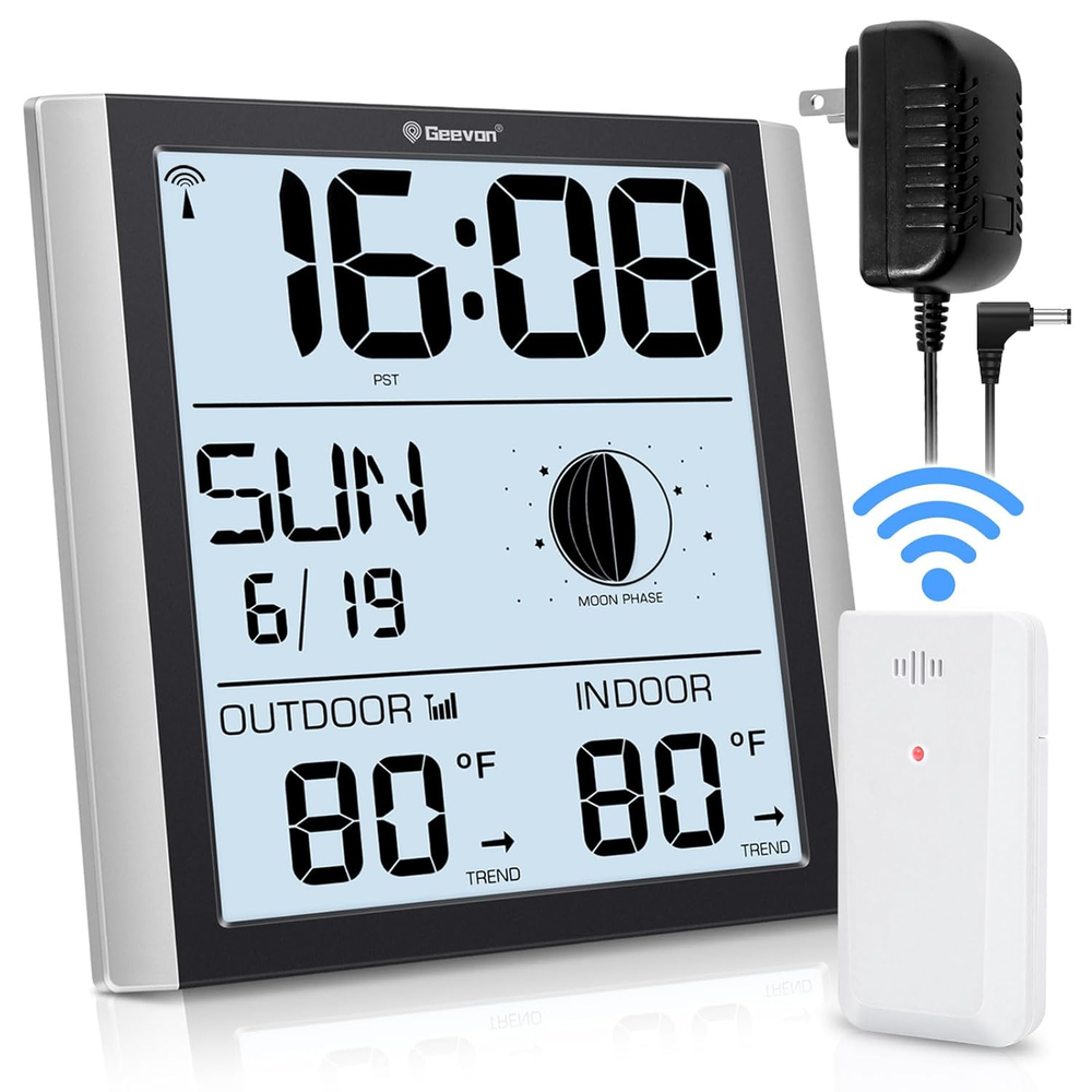 Digital Atomic Wall Clock with Moon Phase Silent Backlight Alarm