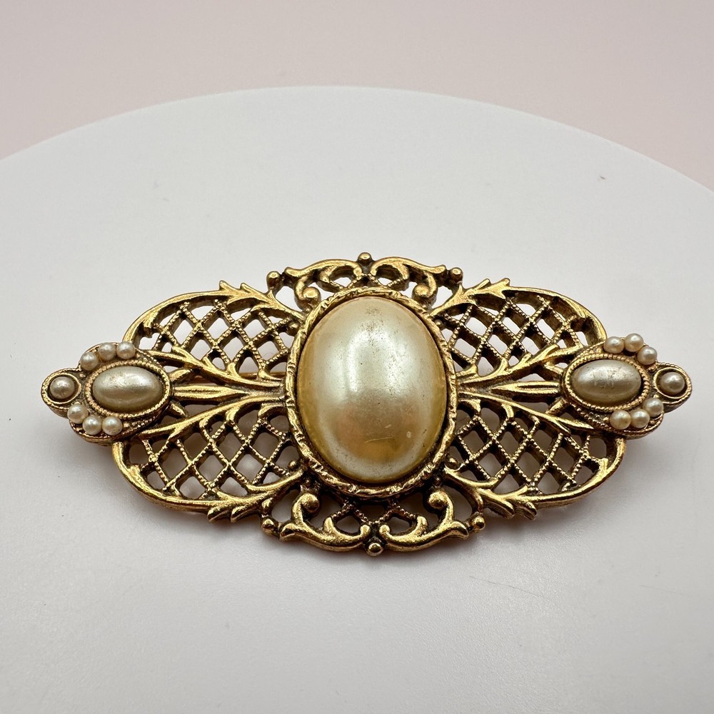 Vintage 90s Gold Tone Filigree Faux Pearl Brooch Pin Victorian Retro Jewelry