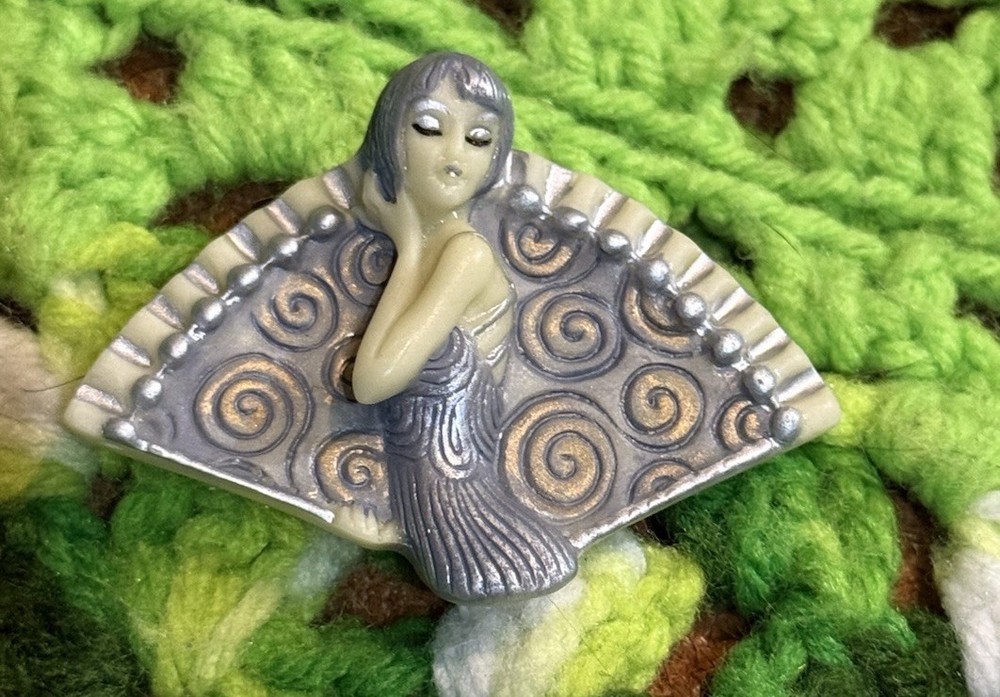 Vintage Y2k Whimsical Brooch Pin Flapper Lady W/ Fan Art Deco Signed