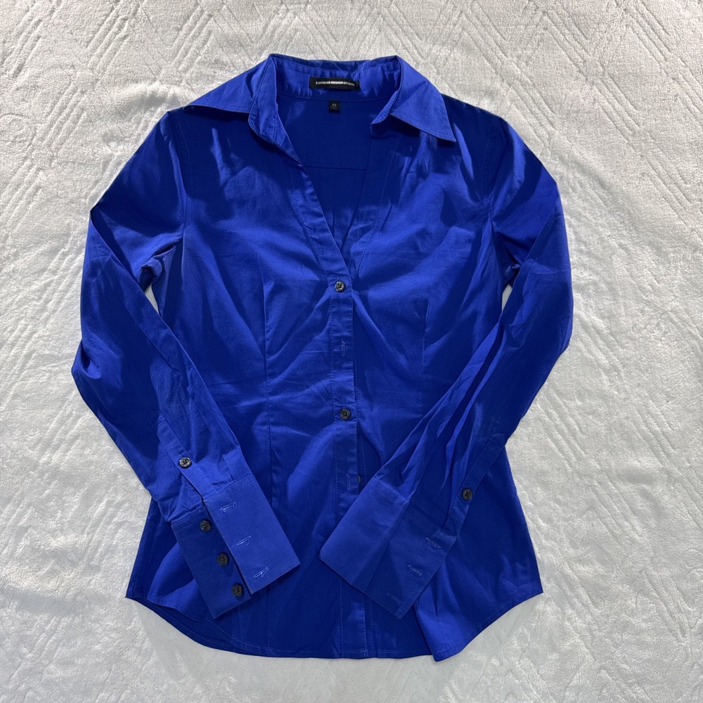 Express design studio V Neck button shirt, Womens Size XS Blue