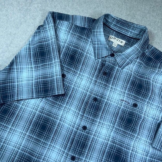 ORVIS Short Sleeve Button up Shirt Mens XL EG Blue Plaid Classic Collection