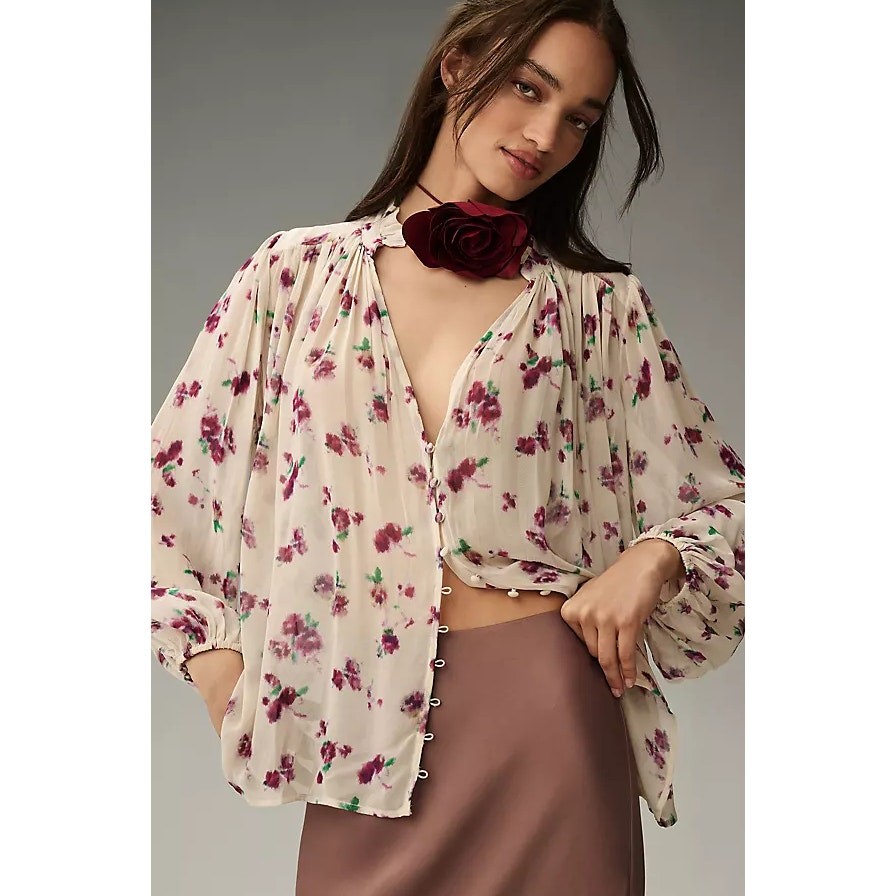 Anthropologie The Estela Size M Sheer Floral Printed Boho Blouse Cottagecore