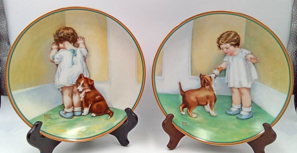 Dog Child Decorative Plates Hamilton Collection Reward Disgrace 1985 Set of 2
