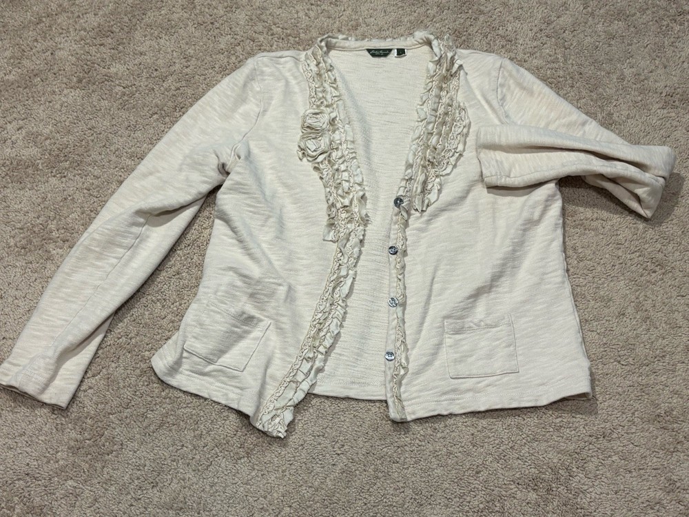 Eddie Bauer Womens Shirt/Cardigan Size Large Beige Ruffles Classic Casual Soft
