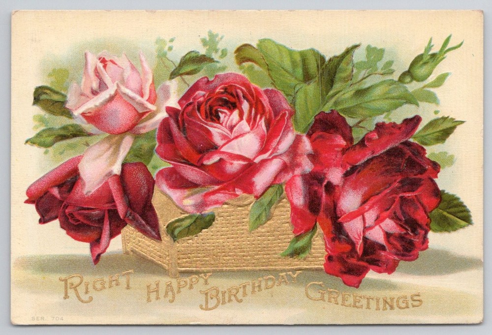 Vintage Embossed Roses Birthday Postcard c.1910 - Floral Greetings SER. 704