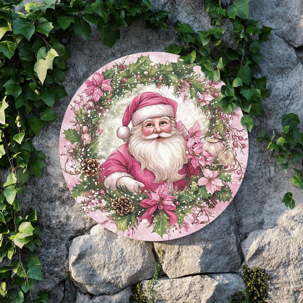 Pink Red Floral Wreath Metal Wall Decor Santa Claus Sign