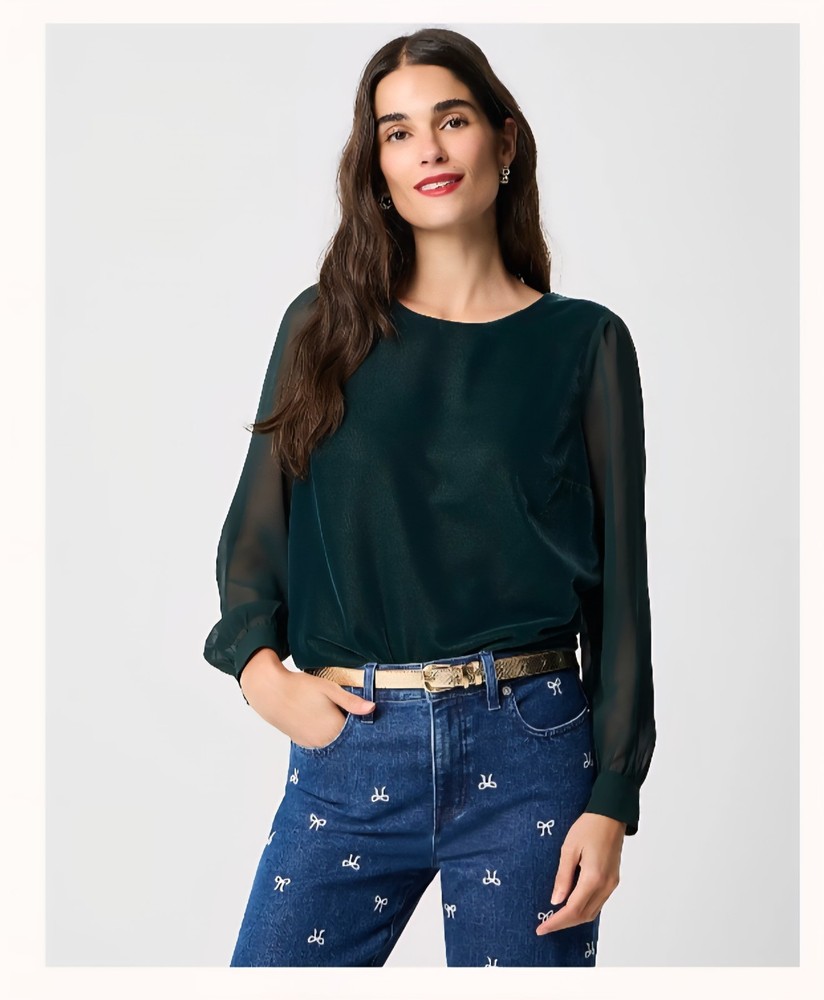 NWT J.Crew Factory Velvet Puff Sleeve Blouse Top Green Size XL Sheer Sleeve