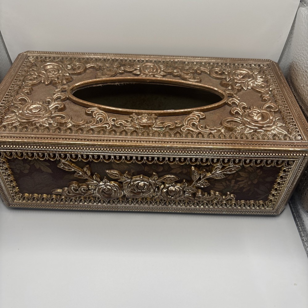 VTG Plastic Celluloid Tissue Box Holder Brown Filigree Hollywood Regency Style