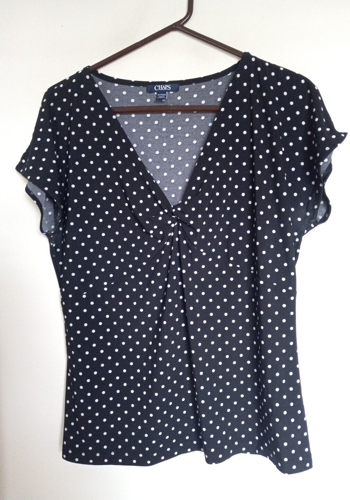 Chaps black white polka dot v-neck jersey stretch knit top *Sz XL*
