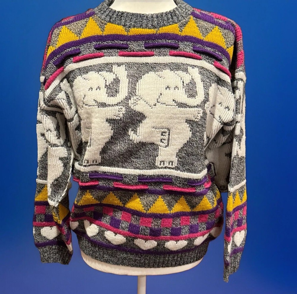 Vintage 80’s Dancing Elephants & Hearts Acrylic Sweater Medium Made In USA EUC