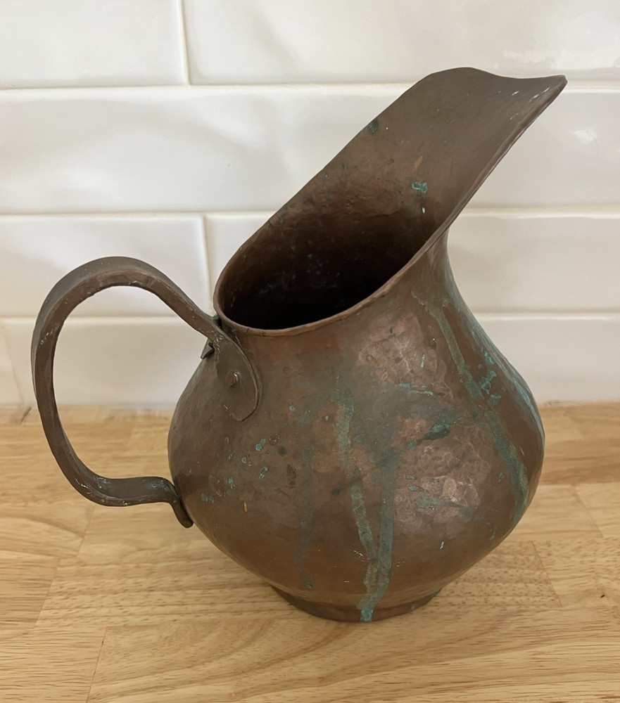 Antique Hammered Hand Made Copper Large Decorative Water Pitcher Green Patina