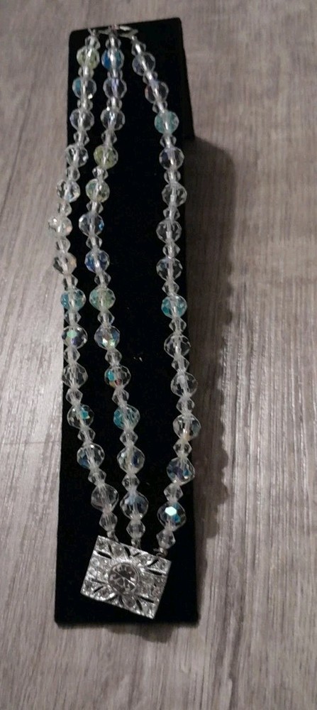 Vintage Aurora Borealis Glass Bead Triple Strand Bracelet Open Box Clasp