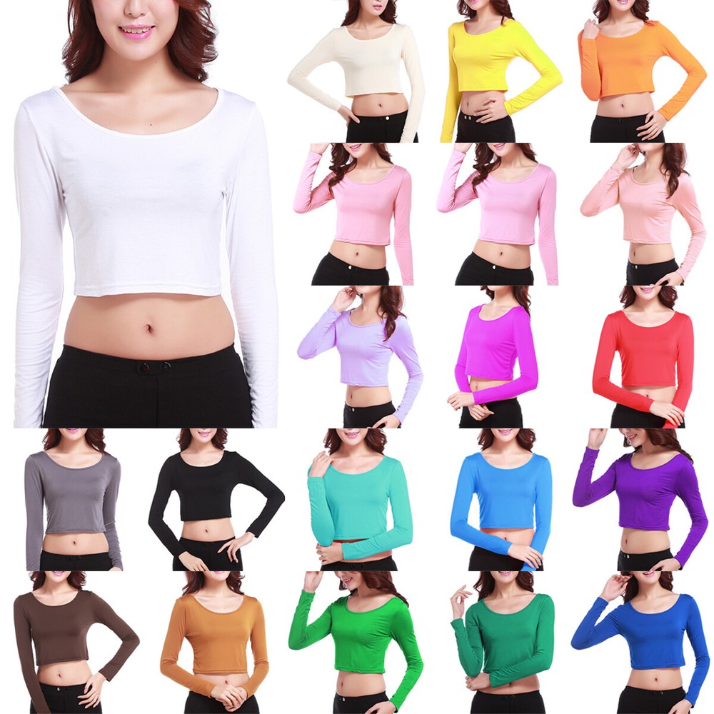 Women Plain Crop Top Basic Tee Ladies Casual Long Sleeve Blouse Slim Fit T-Shirt