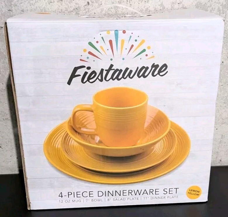 New Fiestaware 4 Piece Dinnerware Set Lemon Yellow Mug Bowl Salad Dinner Plate