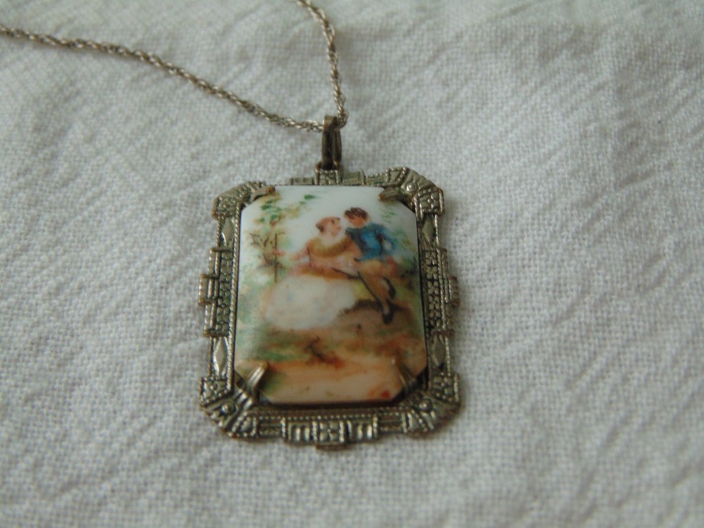 antique vintage silver tone porcelain lovers scene pendant necklace