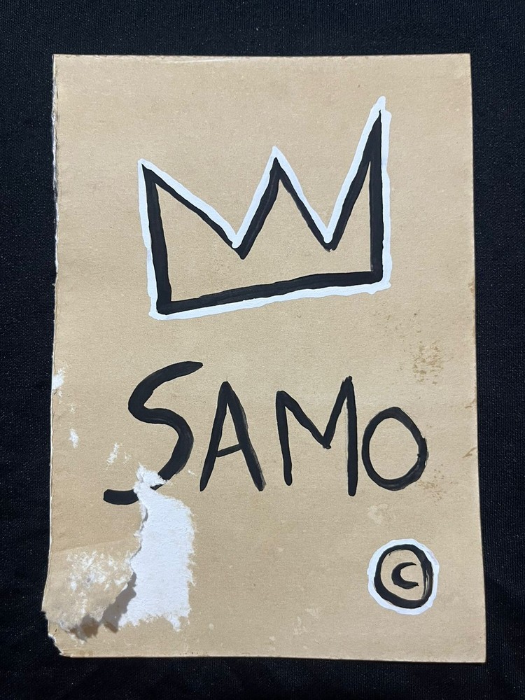 Handmade Jean Michel Basquiat drawing on vintage paper signed and stamped