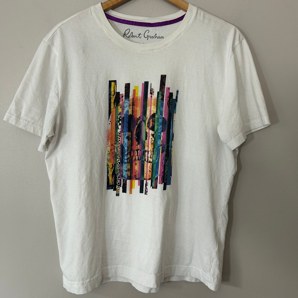 Robert Graham T-Shirt Mens Large White Multicolor Abstract Skull Graphic Cotton-image