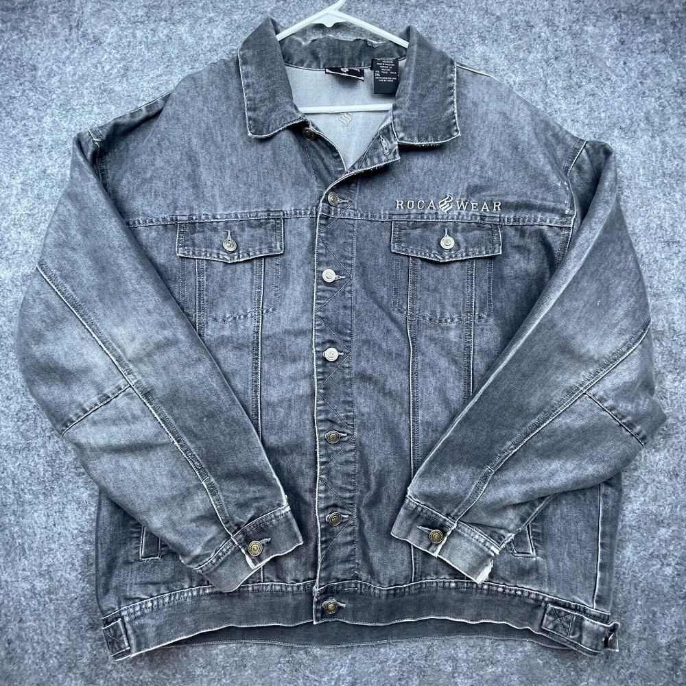 Rocawear Denim Jacket Mens 2XL Lightweight Streetwear Thrashed Y2K Baggy Hip Hop