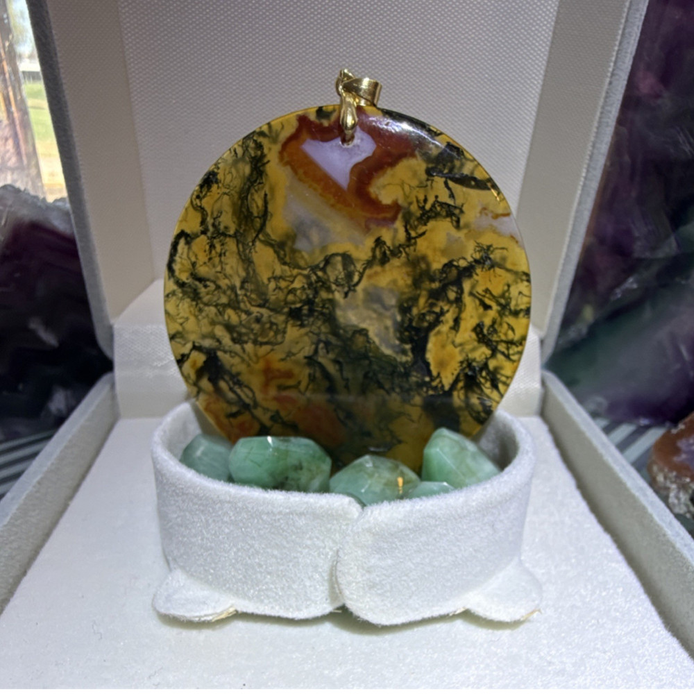 Handcrafted fire agate Round Pendant with Gold Tone Bail, Multicolor pendant