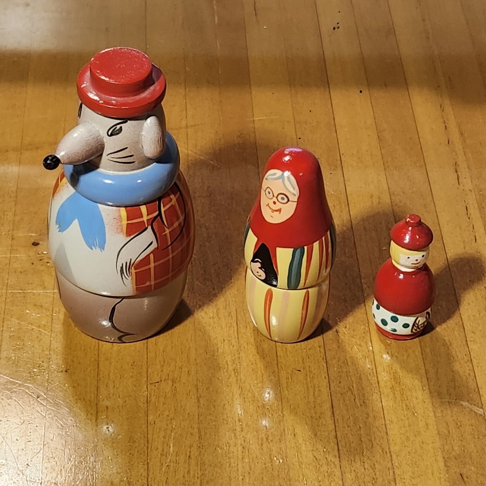 Cute Wood Vintage Little Red Riding Hood Nesting Dolls Set Of 3