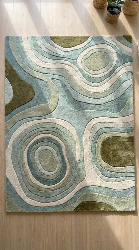Hand Tufted Wool Area Rug Sage Green Abstract Modern Rug Organic Contour Carpet