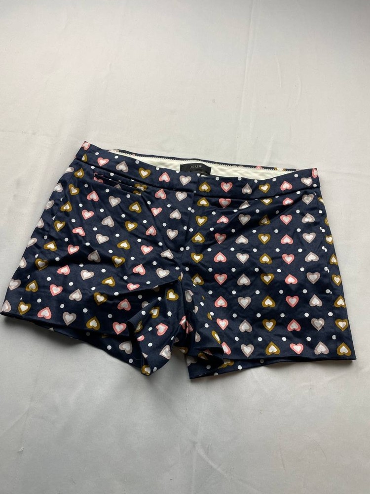 J Crew Chino Shorts Womens Size 0 Navy Blue Heart Print Flat Front Preppy Casual