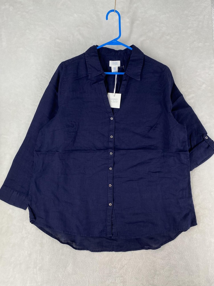 Sigrid Olsen Shirt Womens 1X Blue Linen Roll Tab Sleeve Button Up NEW Casual