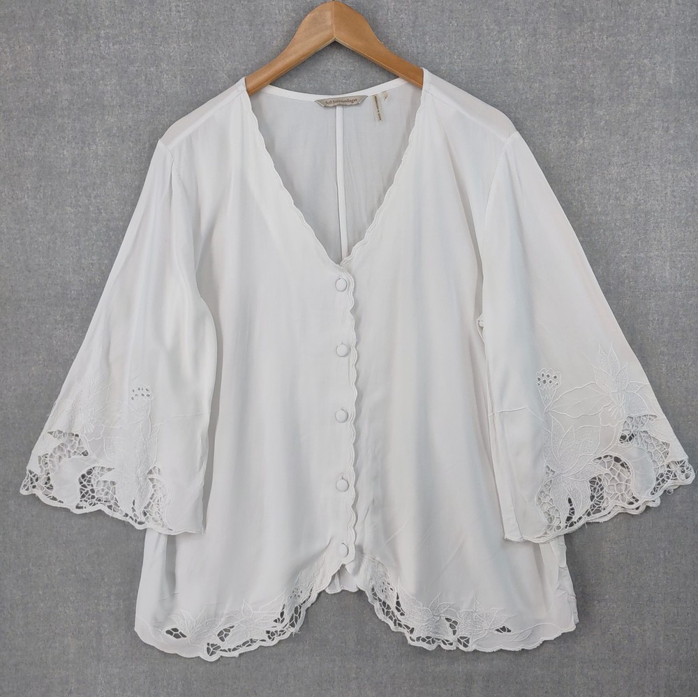 Soft Surroundings Top Large White Broderie Lace Sleeve Scalloped Vneck Button Up