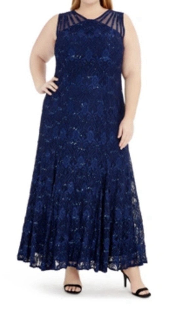 R&M Richards Formal Gown Women's 20W Navy Blue Sequin Lace Sleeveless Events