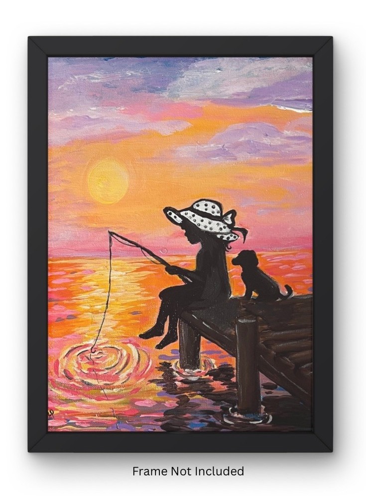 Girl Fishing Sun Glow Lake Impressionist Original Acrylic 9x12” Canvas Panel