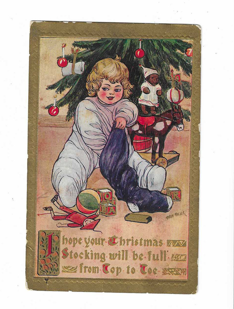embossed Postcard - Christmas Stocking will be full from top to toe Toys Girl B5