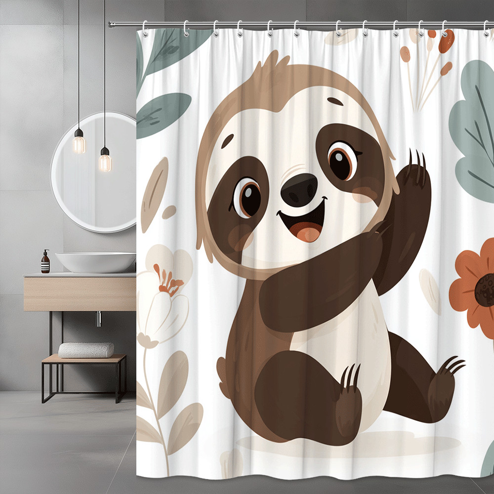 Cute Sloth Floral Shower Curtain Cartoon Animal Print
