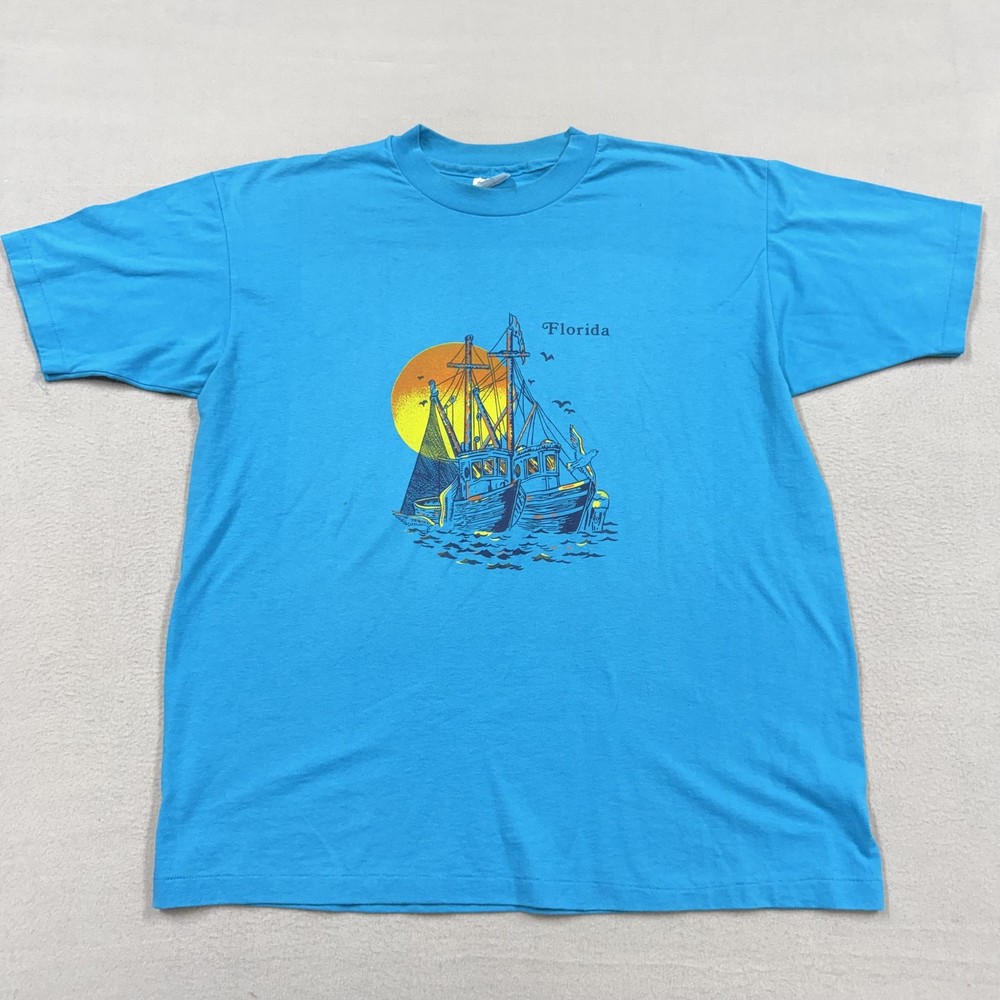 Vintage Hanes Shirt Mens XL Blue Florida Boat Sunset Nautical Graphic Tee 80s