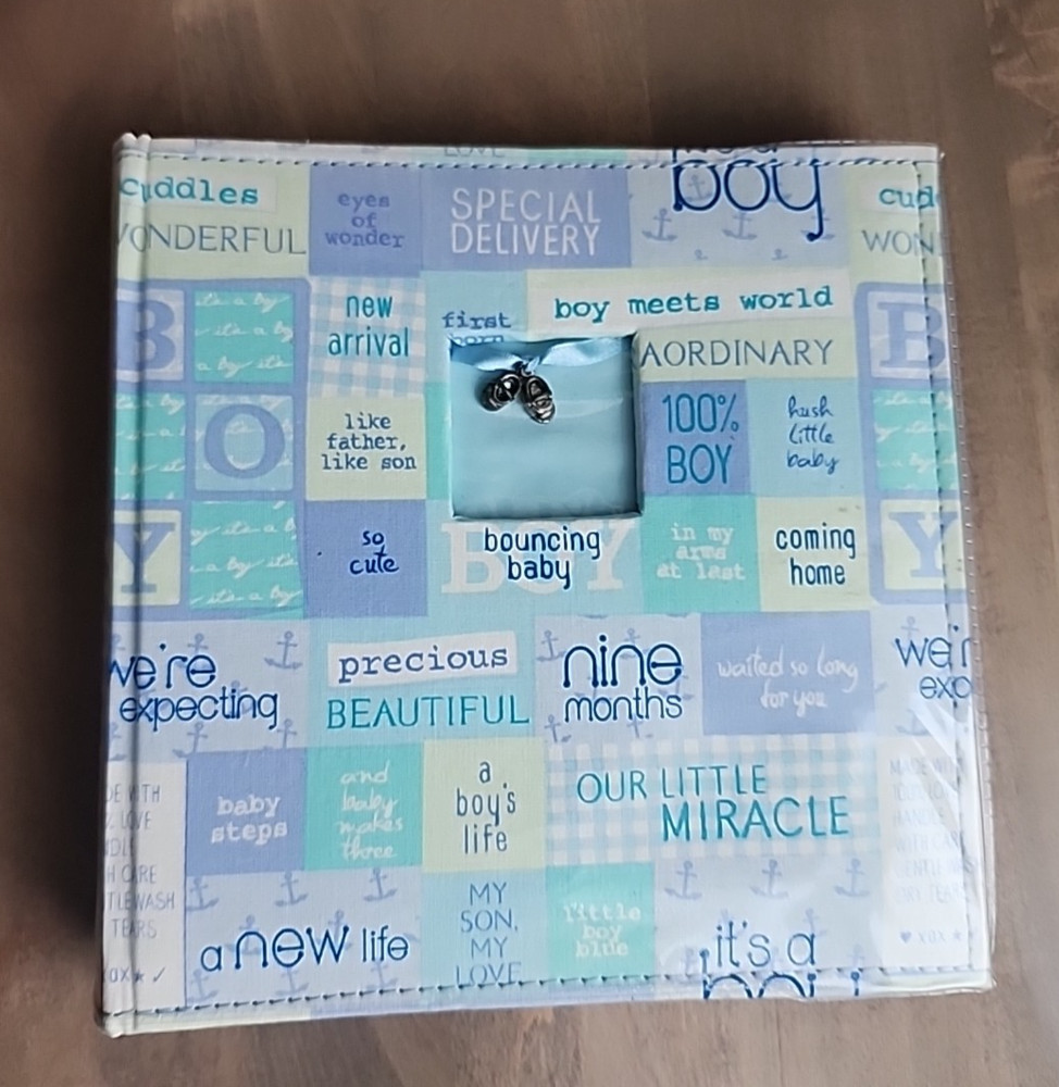 Baby Boy Photo Album with bootie charm Holds 200 photos 4x6”