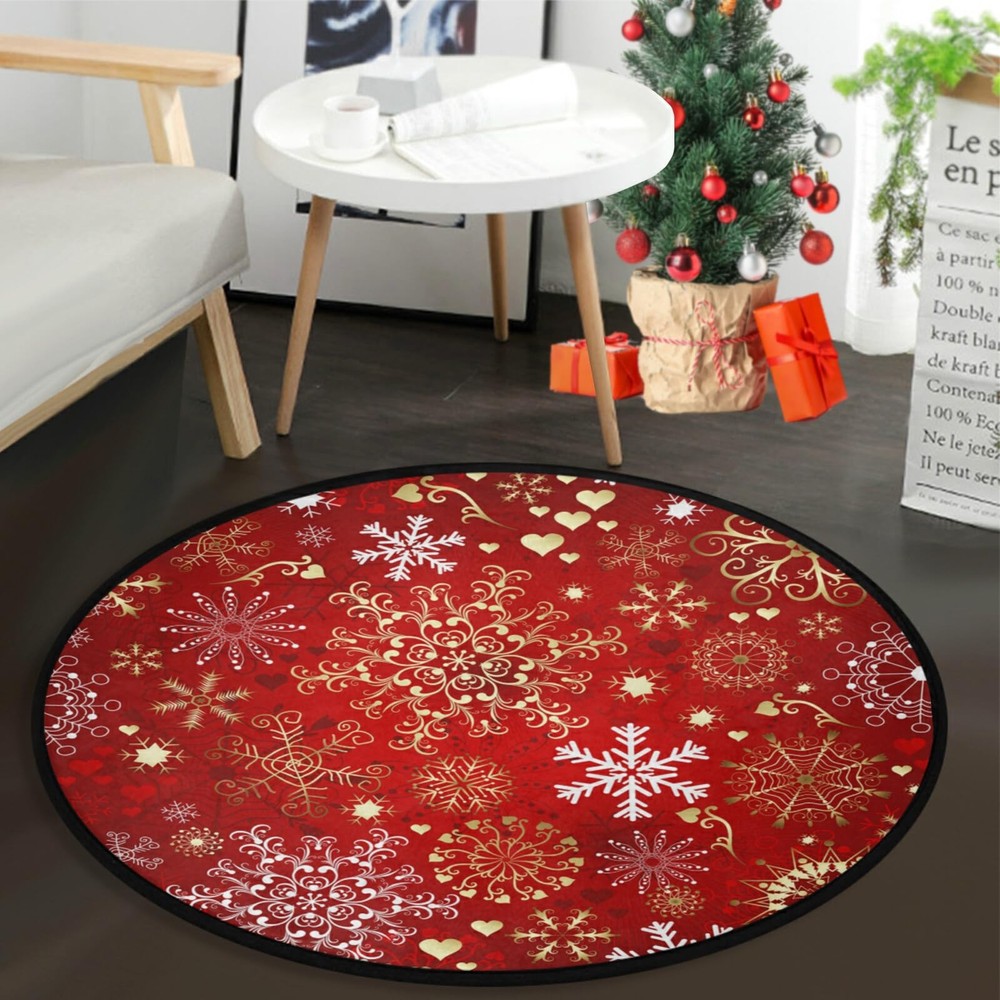 Christmas 3ft Red Snowflake Non-Slip Washable Round Area Rug