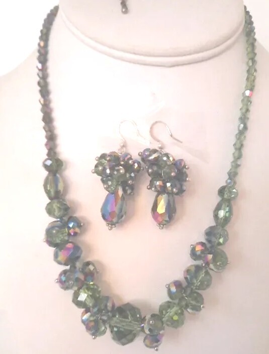 Aurora Borealis Faceted Glass Crystal Beaded Demi Watermelon Necklace Earrings