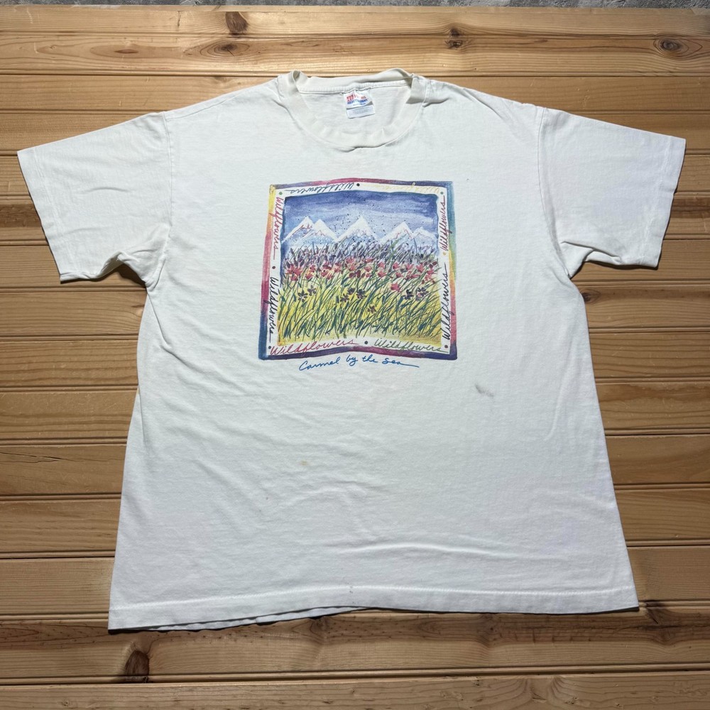 Vintage 90s Carmel by the Sea Village Wildflowers Nature Art T-Shirt Size Large