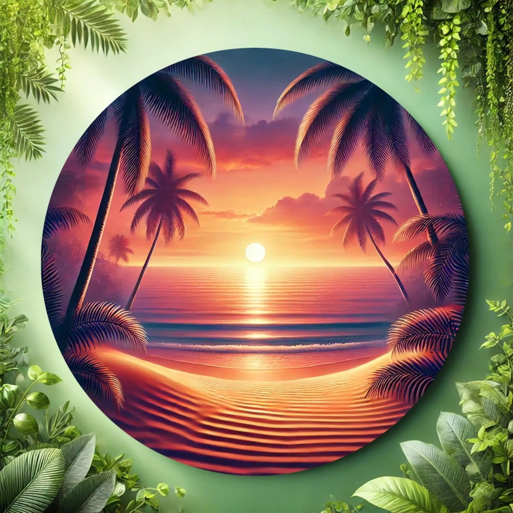 8 Inch Tropical Sunset Beach Scene Round Aluminum Wall Art