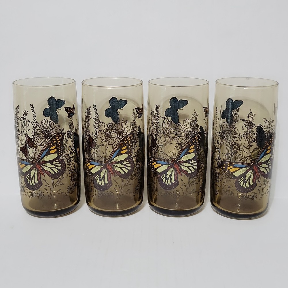 4 Anchor Hocking RETRO 70s Glass Butterfly Garden 15 Oz HIGHBALL TUMBLER GLASSES