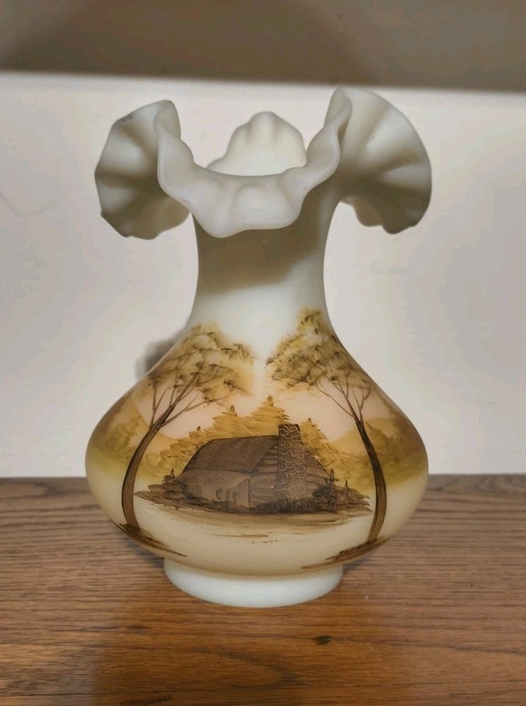 Fenton Ruffled Vase Log Cabin Custard Glass Hand Painted Gloria Finn Uranium